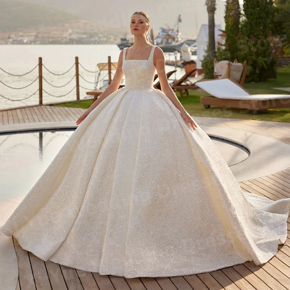 Luxurious Sparkling A Line Women's Wedding Dresses Shiny Princess Bride Gowns Backless Customized Sleeveless Vestidos Para Mujer
