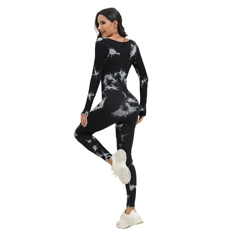 Ribbed Long Sleeve Sport Jumpsuits Women Tie Dye Yoga Jumpsuits Workout Bodycon Seamless Ribbed Yoga Workout Jumpsuit Romper
