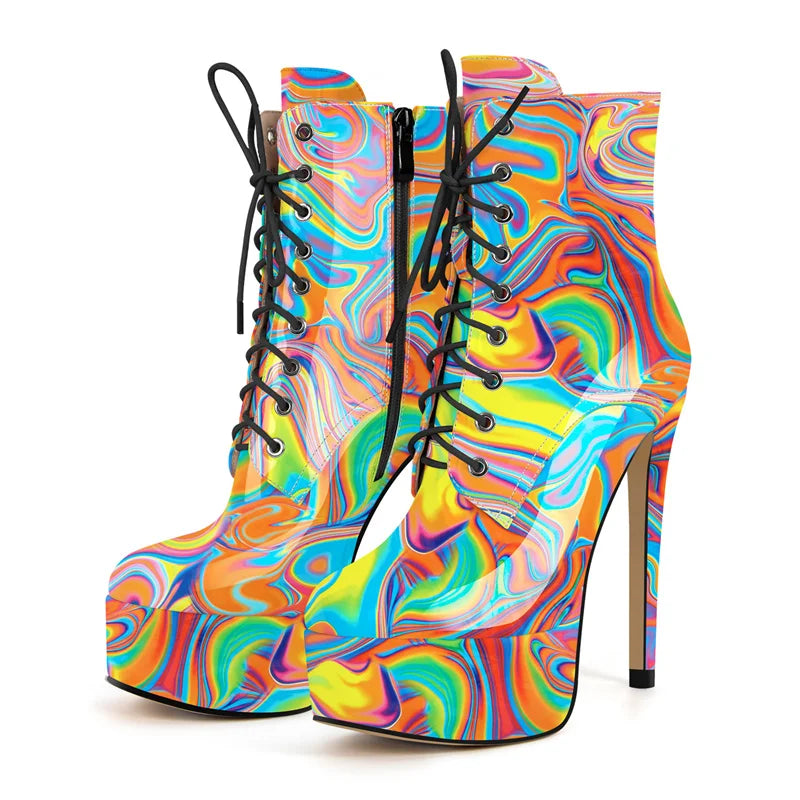 Onlymaker Women Round Toe Platform Lace-up Stiletto Printed Side Zipper Stiletto High Heel Ankle Boots