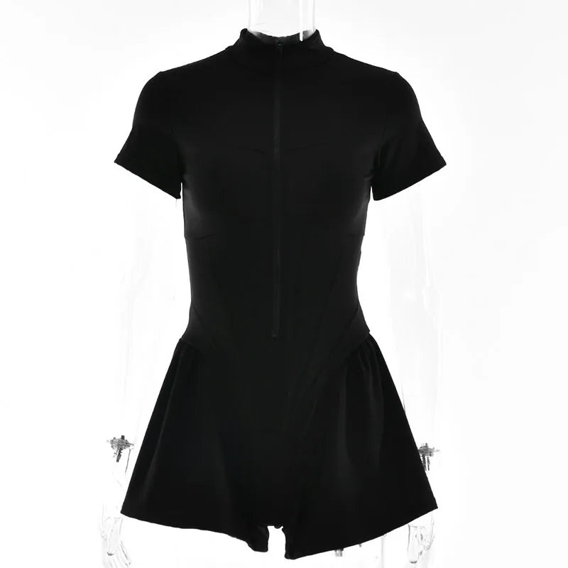 2026 New Women's Jumpsuit Solid Color Zip-Up O-Neck Short Sleeve Sports Bodysuits Women Summer Sexy Slim One-Piece Playsuits