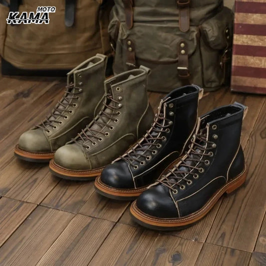Cowhide Hiking Shoes Men's Walking Boot British Trekking Shoes Thick Soled Cowhide High Top Motorcycle Boots Casual Sneakers