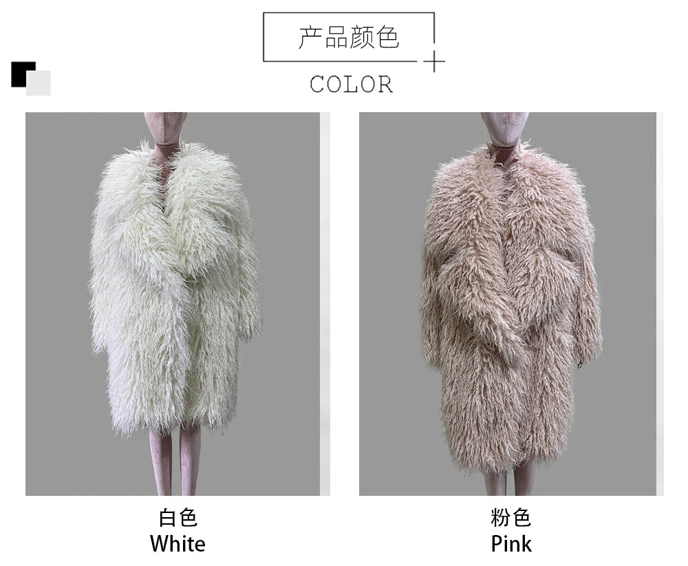 Lautaro Autumn Winter Long Oversized White Thick Warm Hairy Shaggy Fuzzy Faux Mongolian Fur Coat Women Pink Fluffy Overcoat