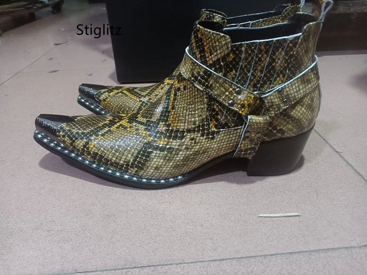 Buckle Strap Snakeskin Ankle Boots for Men High Heels Slip On Genuine Leather Work Boots Metal Decor Chelsea Boots Men's Shoes
