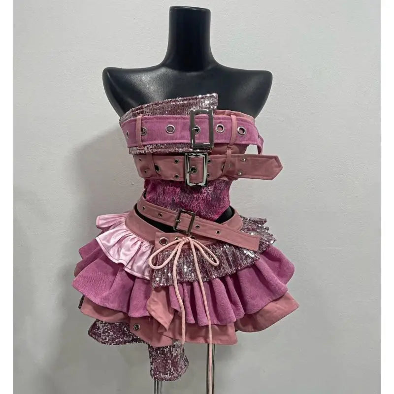Y2K Style Low Waist Patchwork Sleeveless Halter Top Irregular pink Half Skirt Sexy Short Skirt kpop dance Outfit Lolita Set