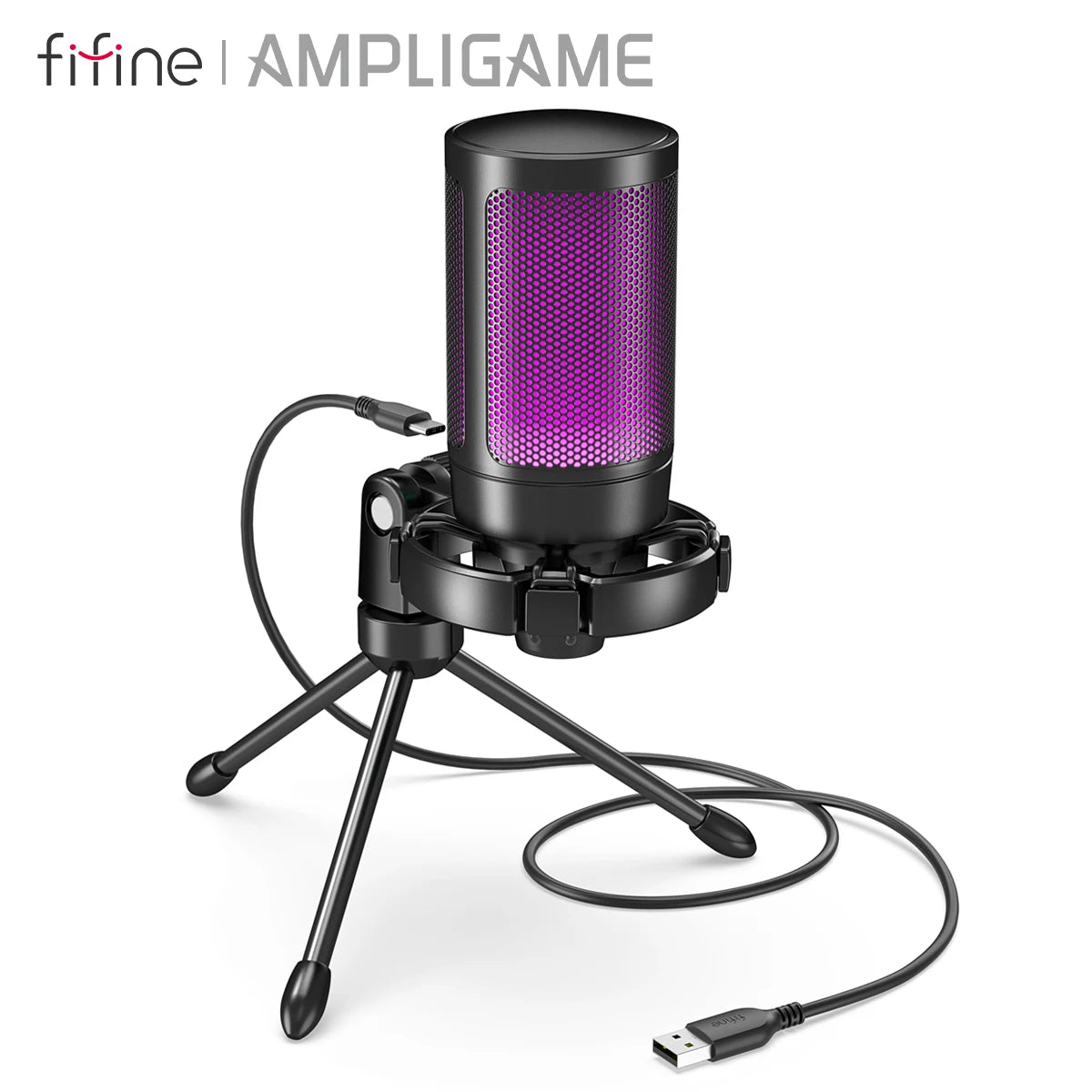 AmpliGame USB Gaming Microphone with Quick Mute,RGB Condenser Mic with Tripod for PC,PS5,Laptop Streaming Podcasting -A2W White