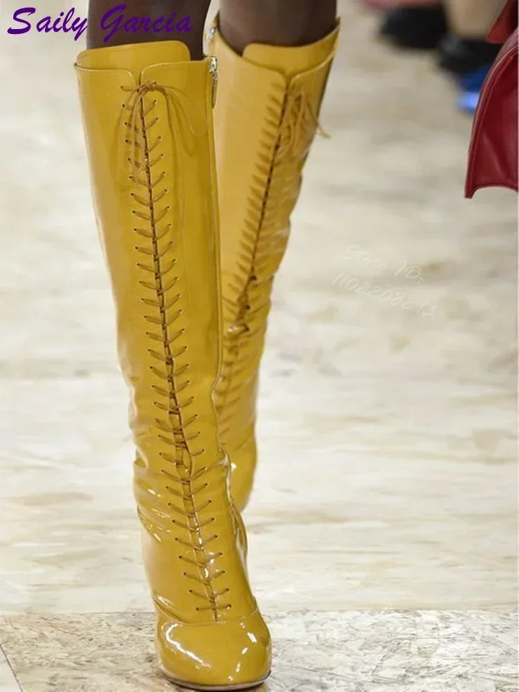 Emerald Green Patent Glitter Knee High Boots Retro Round Toe Lace Up Square Heel Modern Boots 2026 Runway Fashion Women Shoes