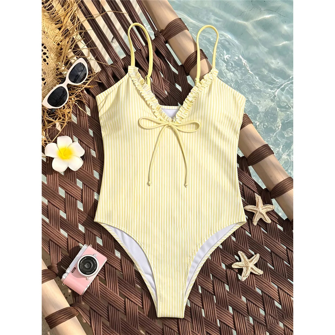 S - XL One Piece Swimsuit Female Frilled High Leg Cut Padded Bather Bathing Suit Swim Striped Plaid V Neck Women Swimwear V8288