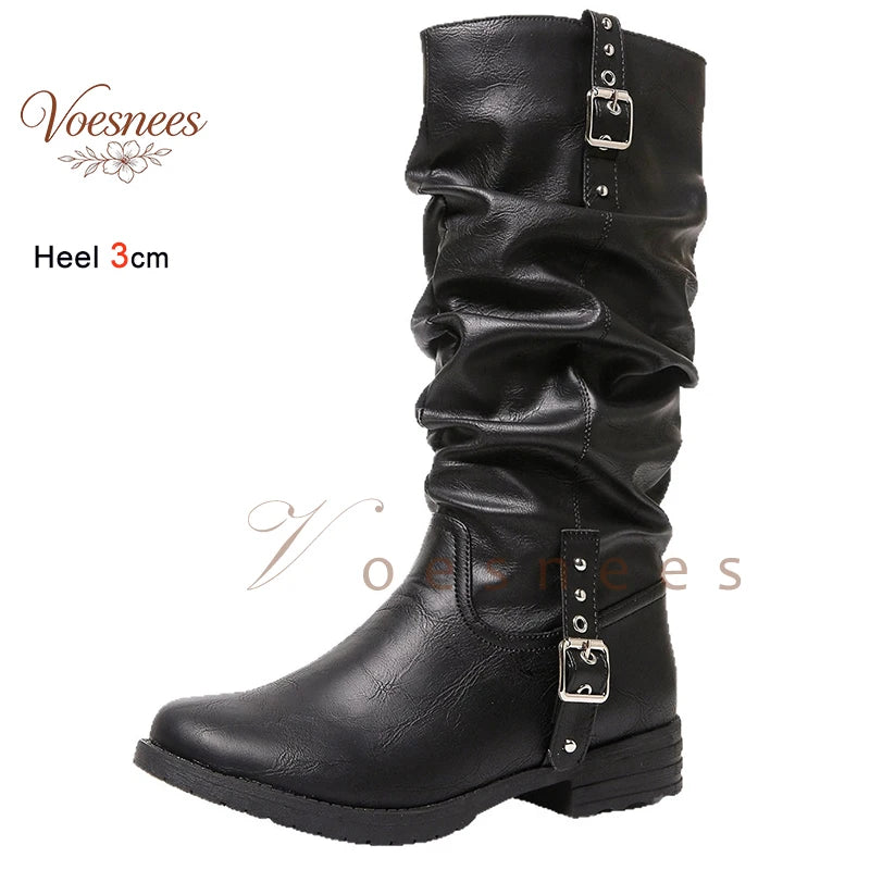 New Autumn Winter Vintage Women Knee High Boots Double Metal Buckle Thick Heels 3CM Knight Boots Casual Pull On Long Boots Shoes