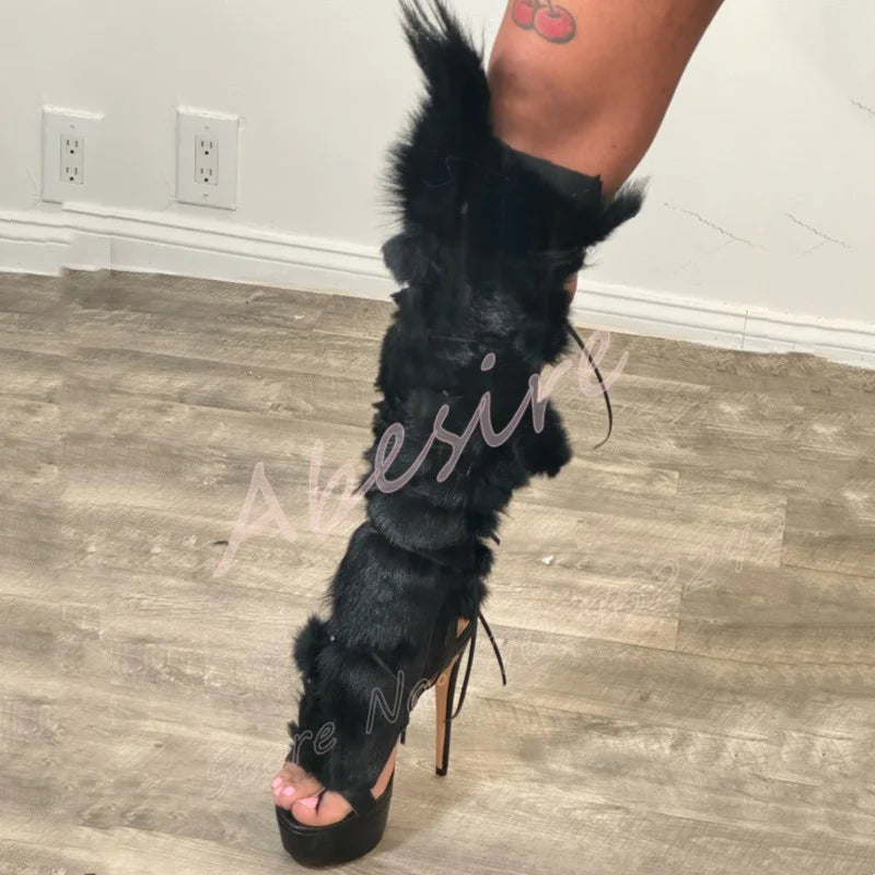 Black Faux Fur Lace Up Long Platform Shoes Round Toe Stiletto Cross Strap Sandals Women'S Sexy Nightclub Party Furry High Heels