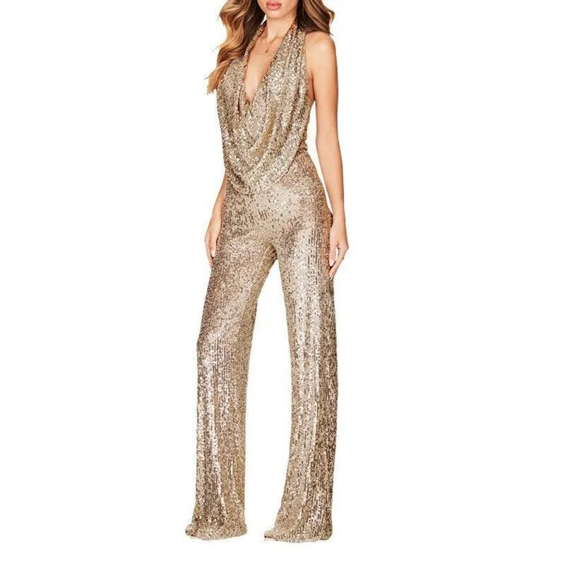 Off Shoulder Sequined Jumpsuit Straight Leg Sophisticated with Mid Rise Embroidered Sequin Romper Straight Cut Women Jumpsuit