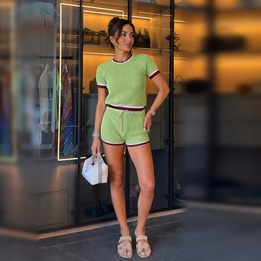 Casual Knitted Pants Set Round Neck Green Sleeves Top Drawstring Shorts 2pcs Sets 2026 Summer Vacation Commute Daily Lady Suit