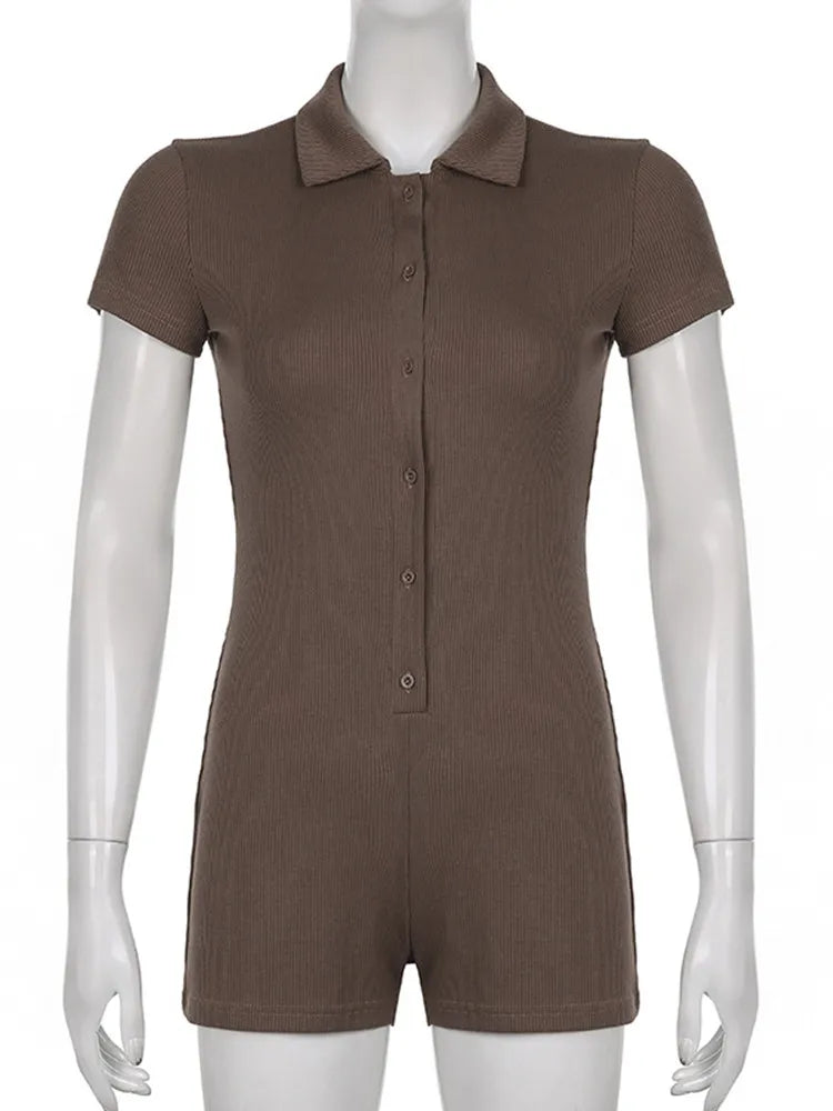 Fashion Solid Color Lapel Short Playsuit One-Piece Slim Fit Button Down Short Sleeve Rompers Casual Knit Y2k Womens Clothing