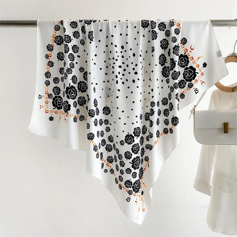90cm Floral Print Silk Square Scarf Women Luxury Brand Satin Shawls Neckerchief Wrap Scarves Bandana Hair Hjiab Bohemian Style