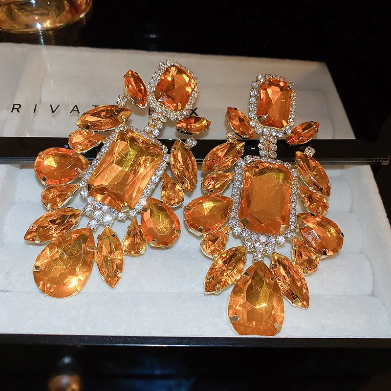 Orange Rhinestone Geometric Earrings for Women Retro Exaggerated Drop Earrings Temperament Party Accessories Girls Gifts