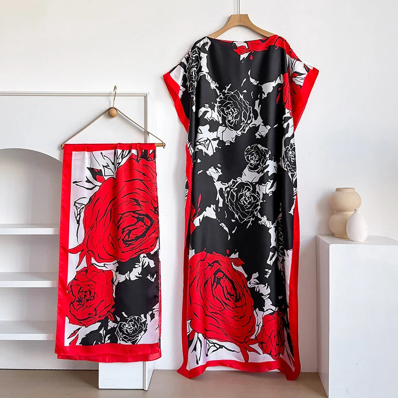 Ladies Scarf New Dubai Fashion Print Design Women Long Dress 2026 Summer Beach Party Loose Dress Silk Soft African Abaya MOOMOO