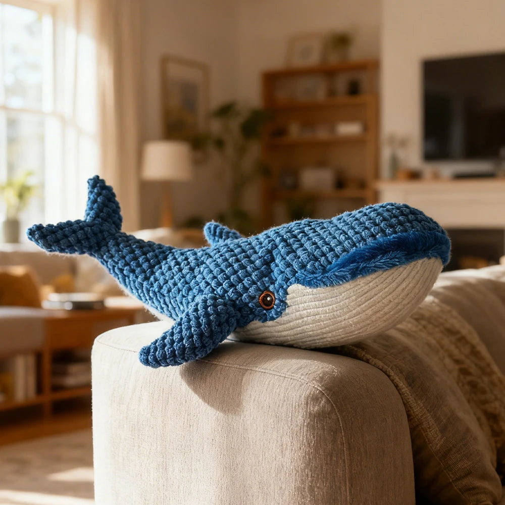 Pet Chew-Resistant Plush Interactive Toy with Sound, Whale-Shaped, Suitable for Large, Medium, and Small Pets Like Cats and Dogs, Double-Layer Fabric, Built-In Airbag