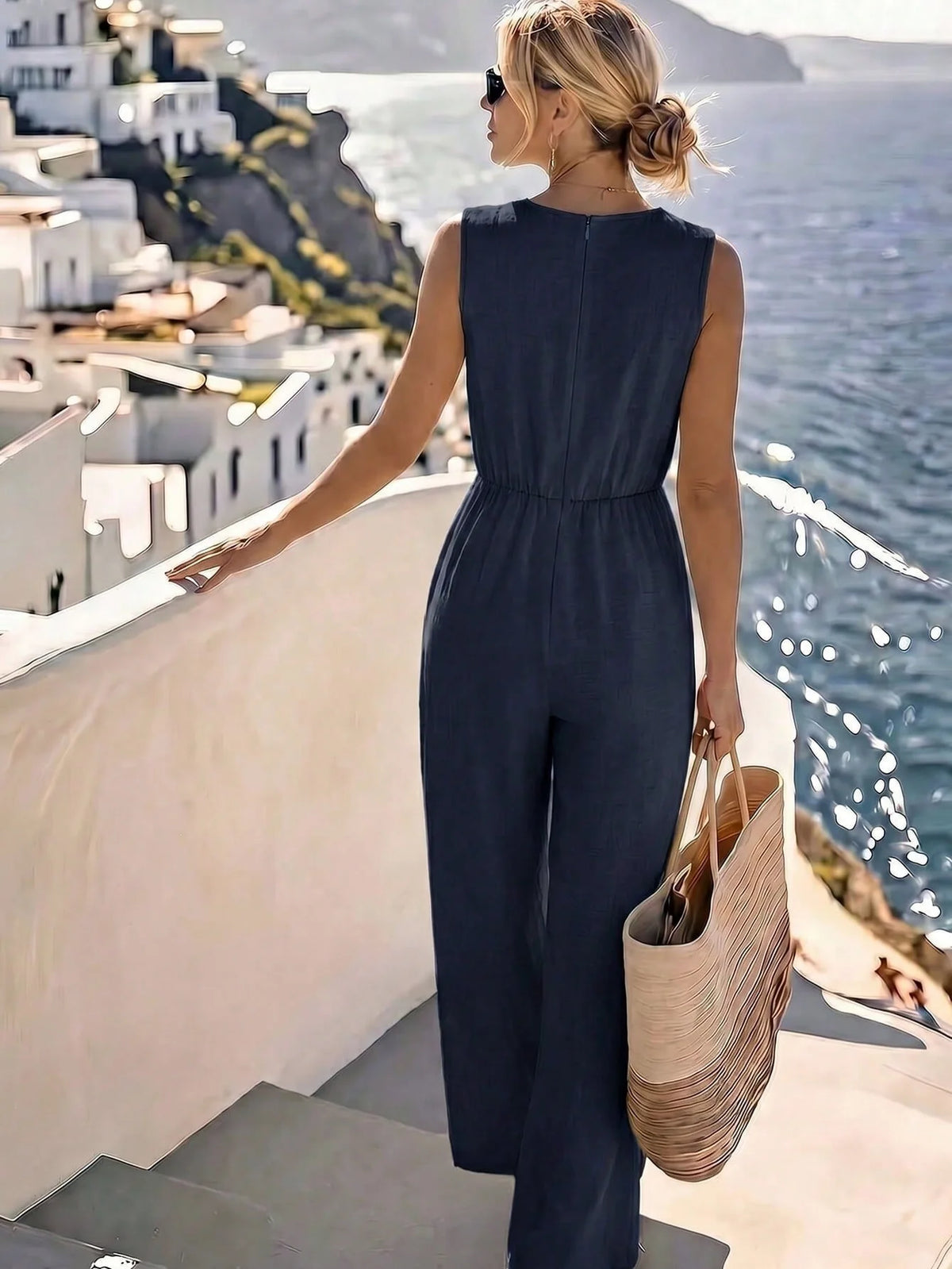 Fashion Light Blue Wide Leg Pants Jumpsuit Women's V-neck Sleeveless Cross Wrap Waist Design Rompers Summer Casual Jumpsuits