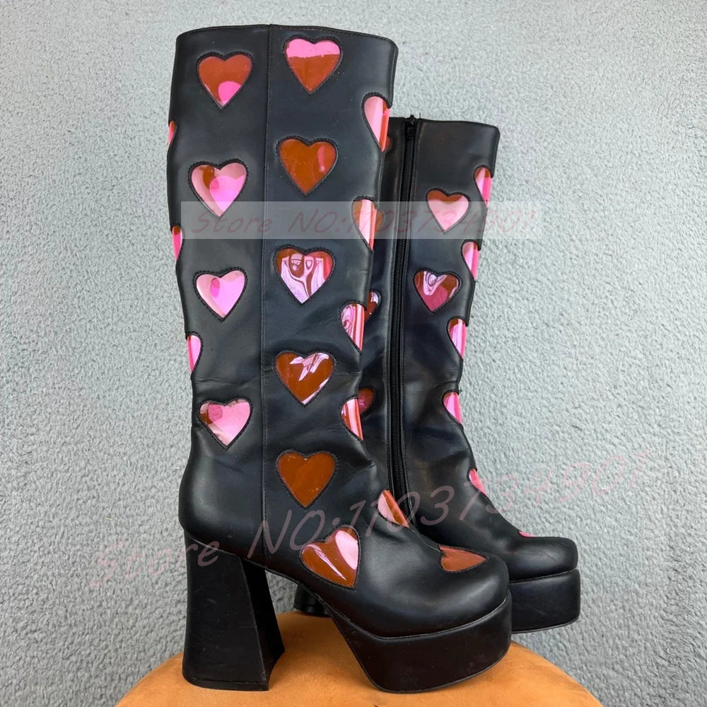 Cutout Heart Window Platform Knee High Boots Women Pink PVC Hollow Round Toe Block Heels Shoes Lady Y2K Street Fashion Boots