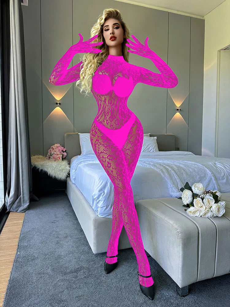 Toucheart Sexy Mesh Jumpsuit Women's Underwear Long-sleeved Jumpsuit Fishnet Top with Closed Crotch Perspective Sexy Jumpsuit