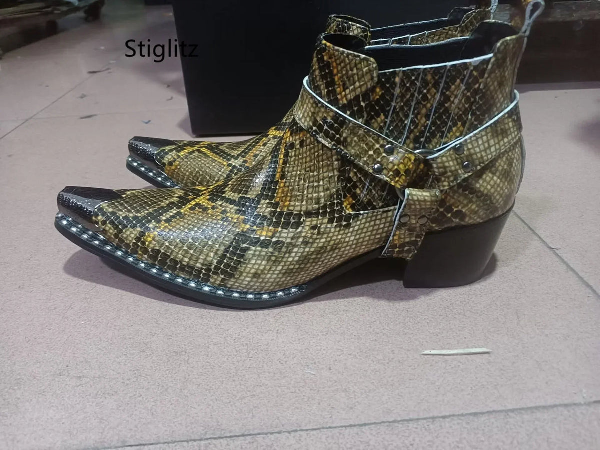 Buckle Strap Snakeskin Ankle Boots for Men High Heels Slip On Genuine Leather Work Boots Metal Decor Chelsea Boots Men's Shoes