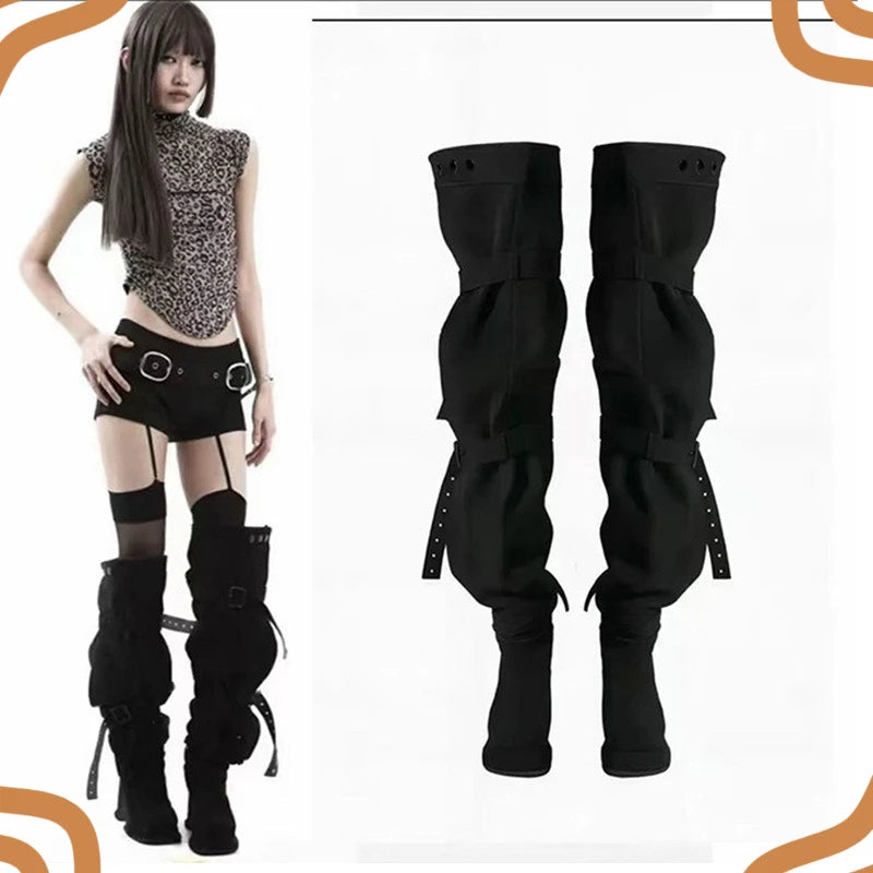 Fashion Model Women's Shoes Punk Style Buckle Over The Knee Boots for Woman Exquisite Platform Boots Designer Shoes Botas Mujer