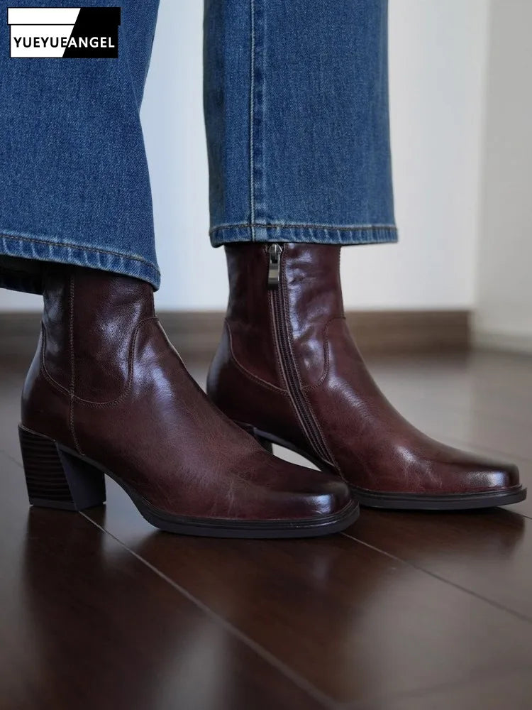Elegant Office Ladies Chunky Heels Genuine Leather Short Boots Square Toe New Designer Shoes Women Vintage Cowhide Ankle Boots