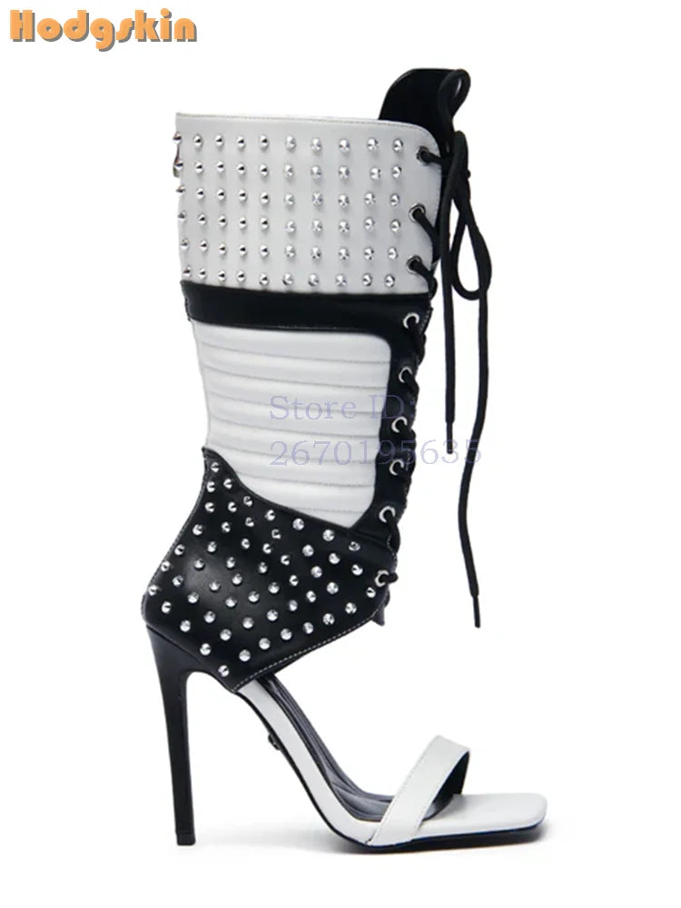 Sexy Red Black Rivet Sandals Square Toe Patchwork Cross-tied High Heels 2026 Summer Fashion New Women Lace-up Stiletto Shoes