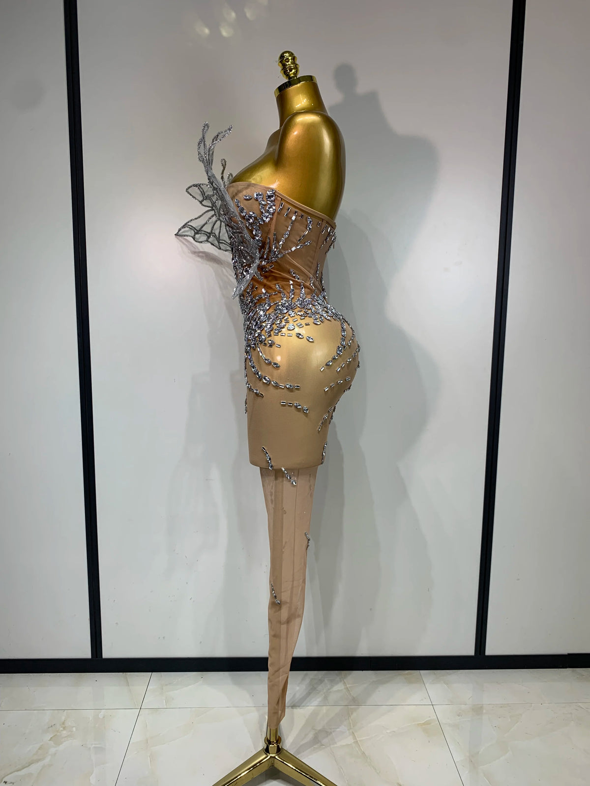 Sparkly Silver Diamond Butterfly Strapless Sheer See Through Jumpsuit Eveing Party Birthday Bar Nightclub Sexy Stage Costumes
