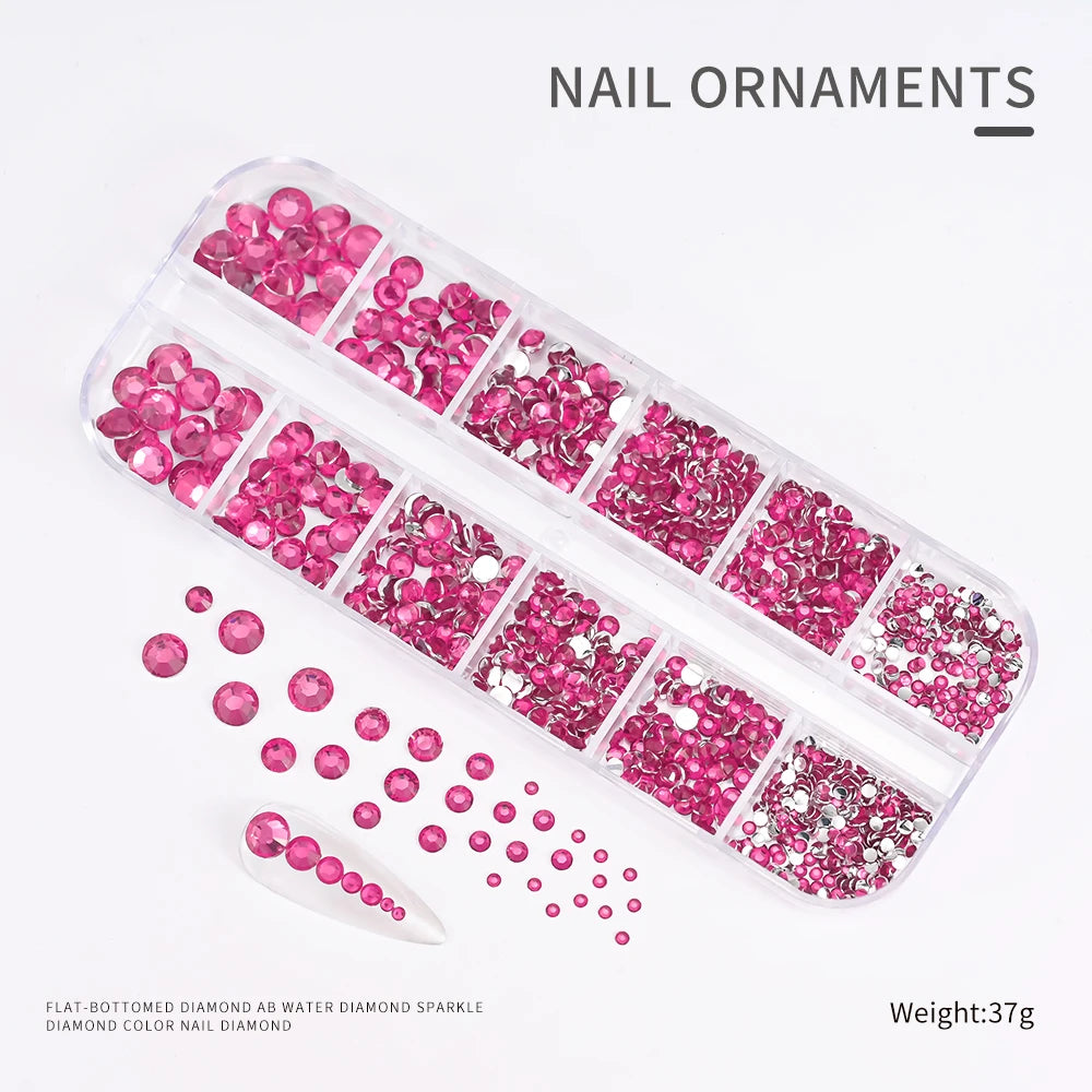 12Gird 3D Glass AB Crystal Nail Art Rhinestones Kit Flatback Round Bead Charm Gem Stones Jewelry Diamond with Tools for Nail Art