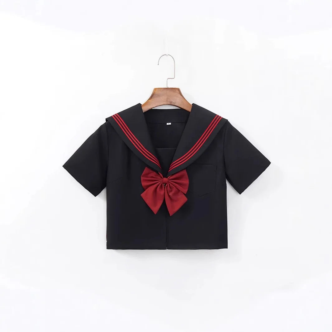 Black Japanese School Uniform Set with Long Sleeves Sailor Suit Soft Sister Skirt Floral Pattern Student Outfit