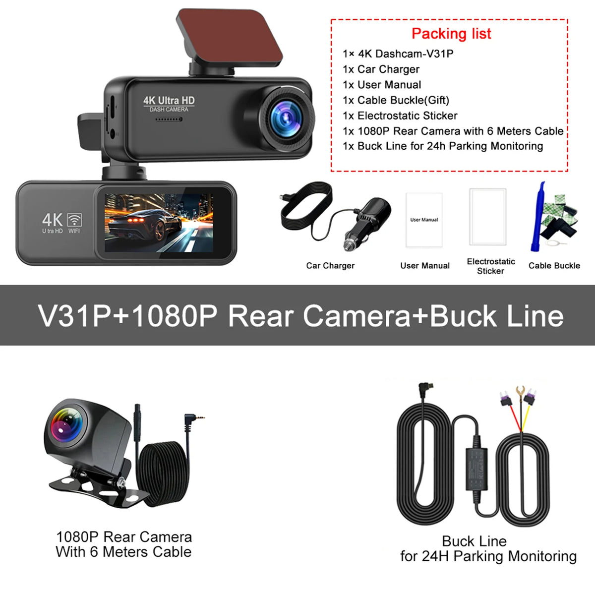 Kocam 4K Dash Cam Front and Rear Dual Channels Dashcam With 24H Parking Monitoring Night Vision DVR Recorder Black Box For Car