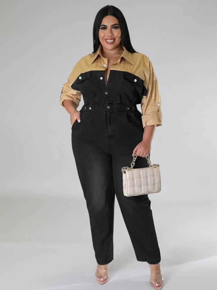 Winter Jeans Jumpsuit for Women Simple and Elegant Long Straight Jumpsuits Plus Size Clothing Female Denim Cotton Jumpsuit