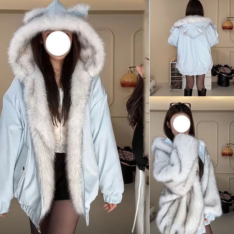 Korean Sweet Hot Girl Two Way Wear Cat Ear Design Hooded Coat Women Y2k Vintage Loose Down Jacket Winter Casual Warm Outerwear