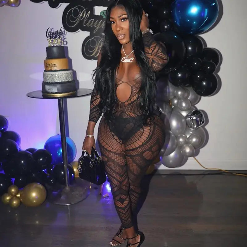 New Summer Leisure Time Party Fashion Backless Lace Jumpsuit Women Transparent Hollow Out Clothes For Women Body Bodysuit