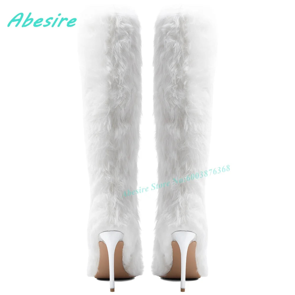 White Faux Fluffy Fur Knee High Boots Pointed Toe Stiletto Heels Side Zipper Women's Boots Spicy Girls Fashion Show Winter Shoes