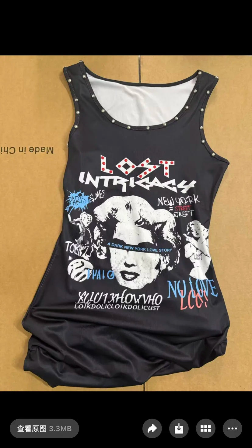 STYLISH LADY Black Graphic Print Tank Dress 2026 Summer Woemn Sleeveless O Neck Bodycon Sexy Night Out Club Mini Dress