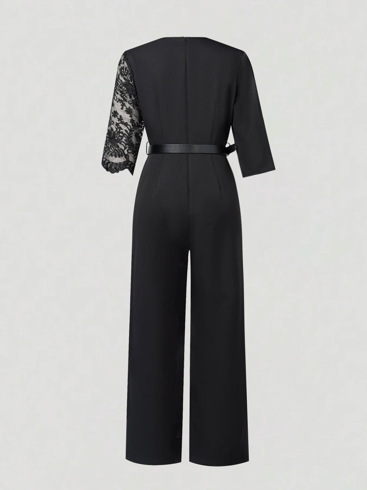 Women V Neck Lace Patchwork 3/4 Sleeve Jumpsuit With Belt High Waist Wide Leg Formal Evening Party Long Romper