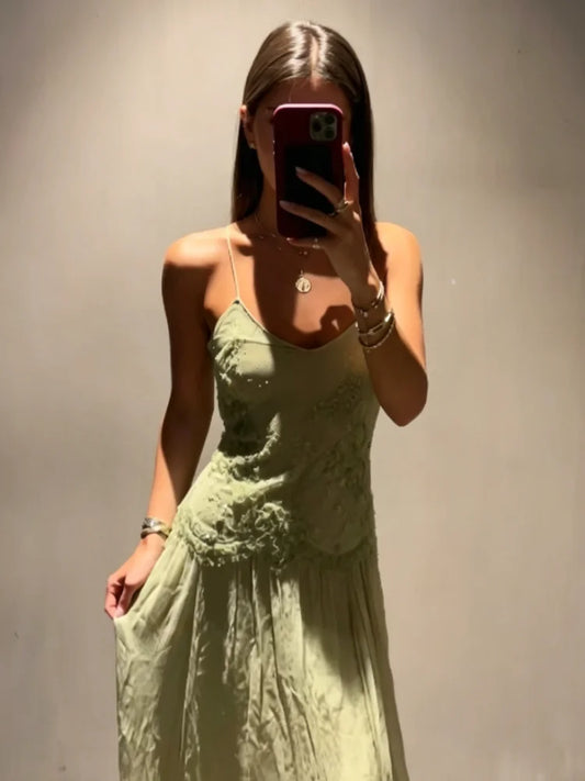 Women's Lace Spliced Dress Sage Green Floral Embroidery Spaghetti Strap Flowy Long Dress Elegant Bohemian Summer Party Dress