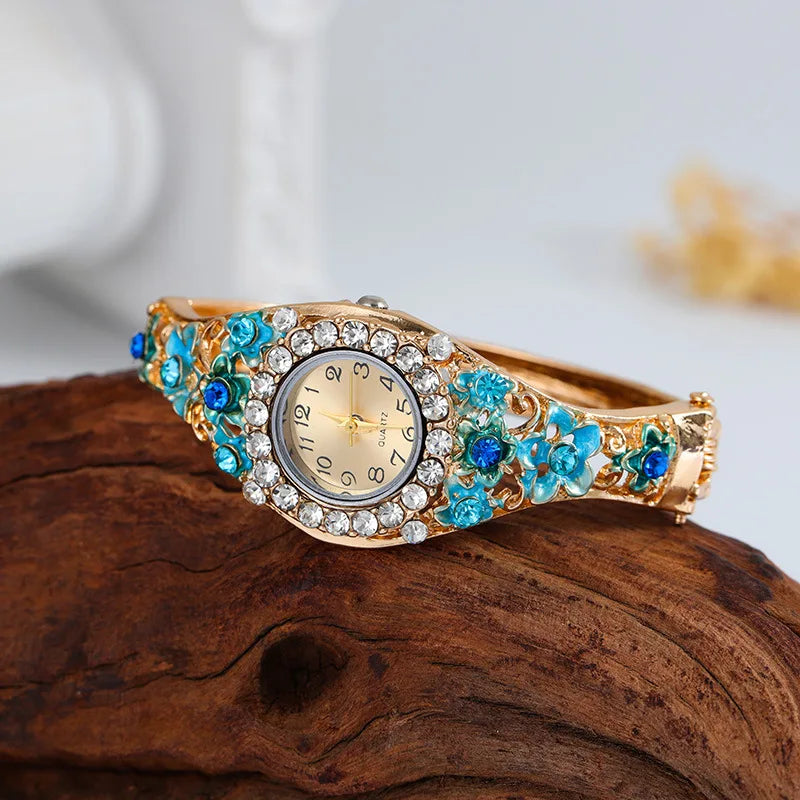 Women's Watches Stainless Steel Rhinestone Quartz Watch Women Fashion Flower Vintage Bangle Elegant Wristwatch Zegarek Damski