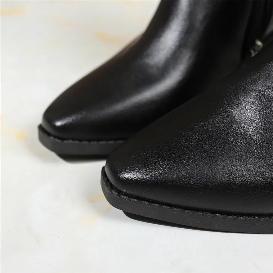 Retro Belt Buckle Women Short Ankle Boots Plus Size 43 Autumn Zipper Soft Leather Square Heel Ladies Pointed Toe Party Shoes New