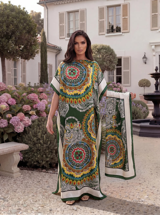 Boho Mandala Paisley Print Satin Abaya Scarf Set, Loose Batwing Maxi Kaftan For Muslim Women Summer Beach Vacation Wear