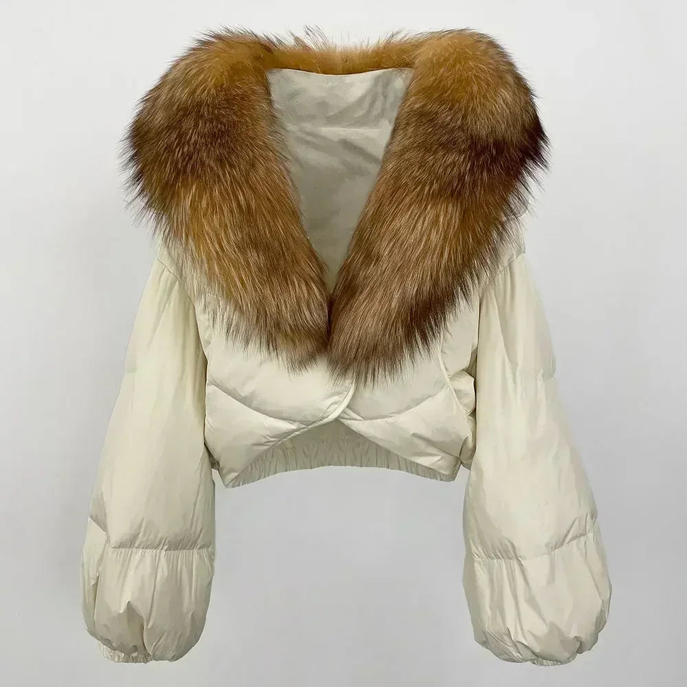 Winter Female White Duck Down Jacket Luxury Loose Short Fashion Casual Women Warm Real Fox Fur Coat Long Sleeve Puffer Jacket
