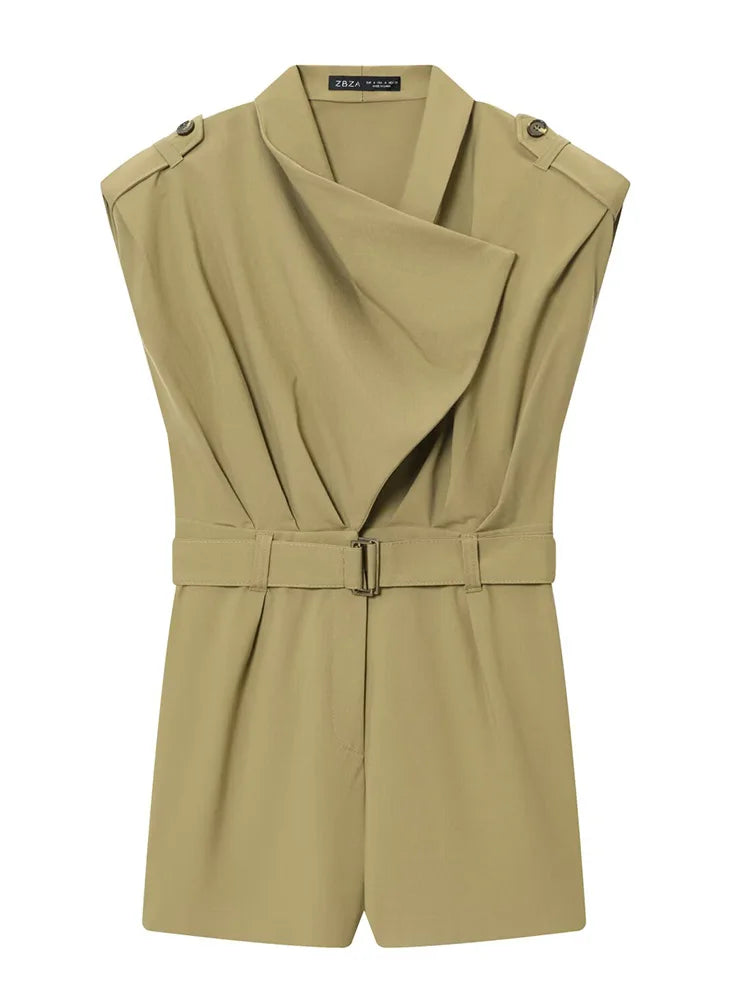 HH Women Elegant Slim Shoulder Pad Short Belt Decoration Button Jumpsuits Women Summer Solid Sleeveless Zipper Jumpsuit Mujer