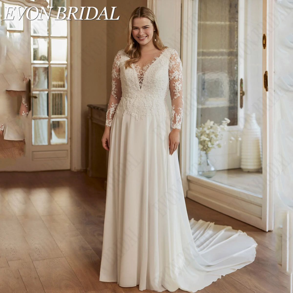 EVON BRIDAL Customized V-Neck Long Sleeve Wedding Dress Plus Size Lace Appliques Chiffon Bride Dresses A-Line Bridal Gown