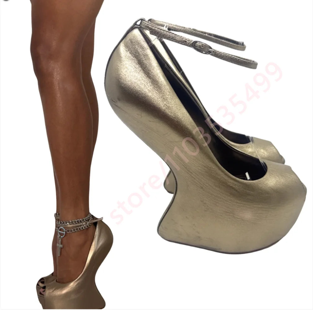 2026 Summer New Patent Leather Peep-Toe Platform Wedge Heels for Women Unique Curved Heel Ankle Strap Sexy Runway Party Sandals