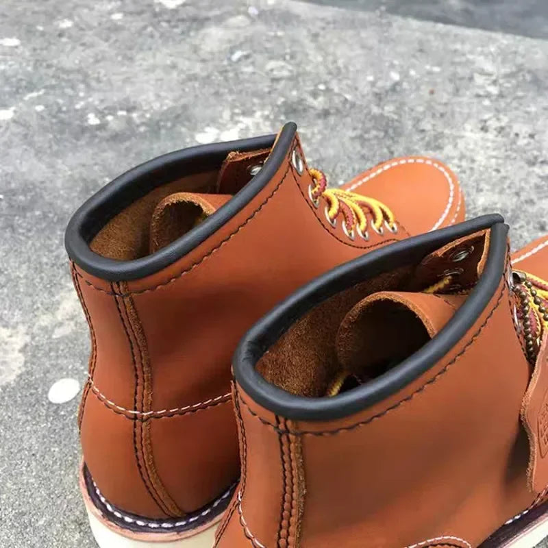 Men's Goodyear-Welted Vintage Genuine Leather Mid-calf Motorcycle Boots Round toe Casual Punk Dress Boots Work Shoes Western Red