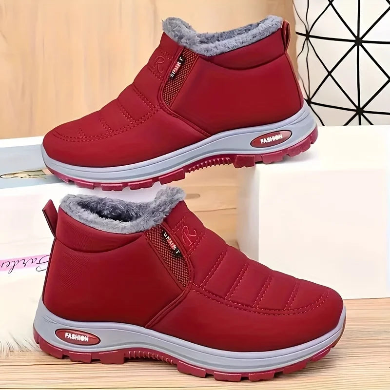 Women's super warm winter boots with anti slip thick soles, low heels, round toe section, solid color outdoor hiking