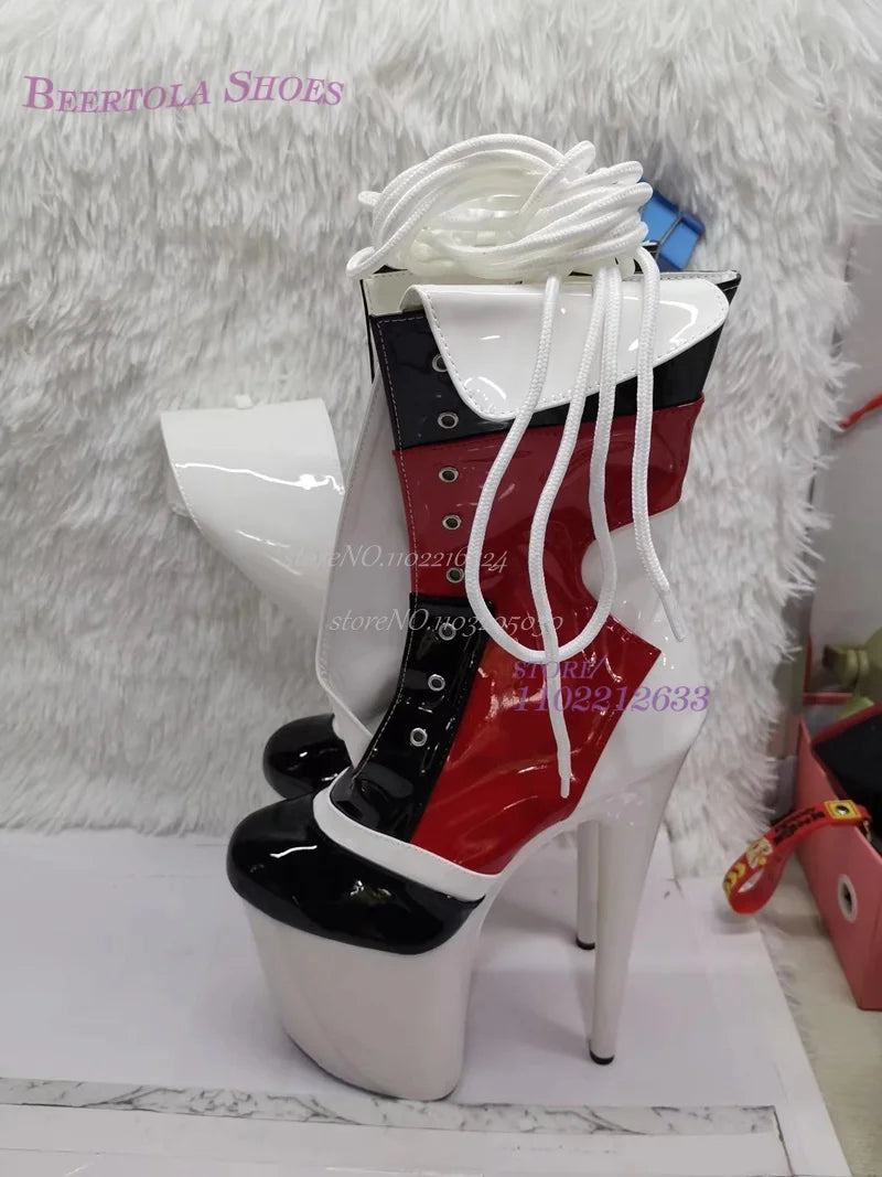 Black Red Sports Leather Platform Heels Women Pole Dance 20Cm Sexy Lace Zipper Round Cover Boots Short Ankle White Graffiti Shoe