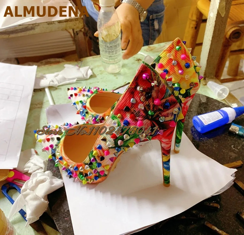 ALMUDENA Multi-Color Rivets Thin High Heel Dress Shoes 12Cm 10Cm 8Cm Stilettos Pointed Toe Shallow Pumps Pricts Spikes Footwear