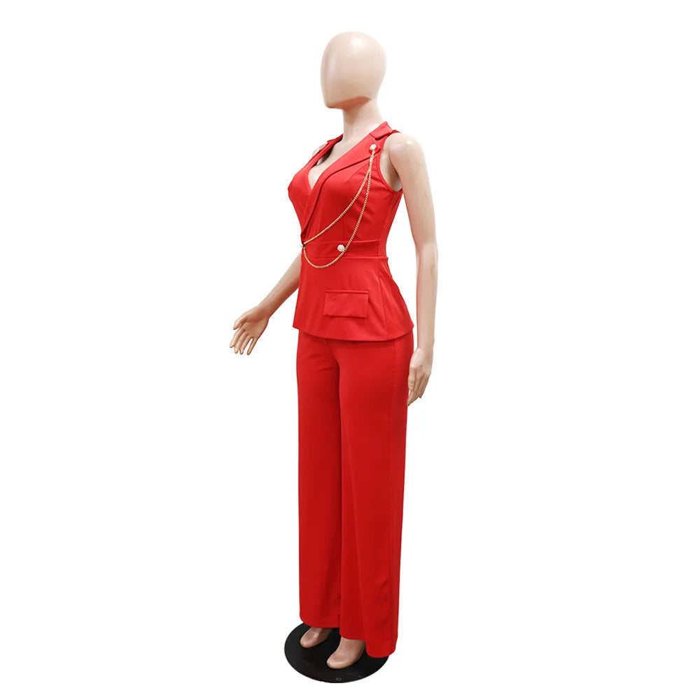 CMYAYA Elegant Womenv-neck High Waist Straight Sleeveless Blazer Jumpsuits 2024 Fall Street Chain Office Lady Party Rompers